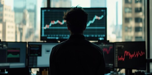 Man Standing Confidently in Front of Digital Stock Display, Showcasing Modern Business and Technology Trends