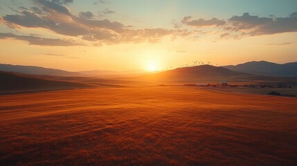 A windmill farm stretching into the horizon, serene golden hour 