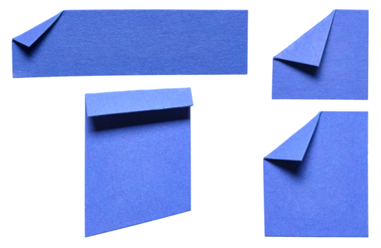 Collection set of many isolated cut out blank blue paper notes with folded corner dog-ear earmark and copy space for text, transparent png background design elements