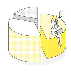 パイチャートと女性ビジネスパーソンのアイソメトリックイラスト