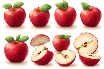 Naklejka premium Realistic Red Apple Collection, Whole and Sliced, Studio Shot
