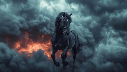 A black horse gallops through dark, smoky clouds with fiery embers in the background.