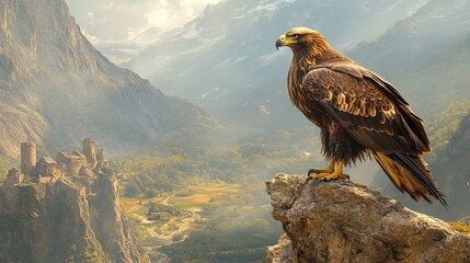 Fototapeta premium Golden eagle perched on a rugged cliff overlooking a valley 