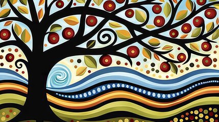 Colorful stylized apple tree graphic design with wavy background