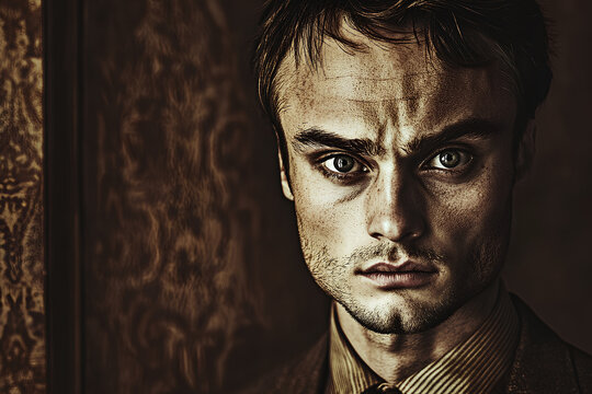 Striking portrait of a handsome young man with a confident expression, highlighting men's beauty and fashion appeal