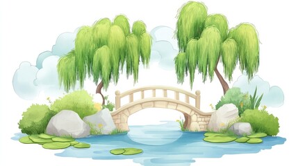 Chinese-Style Watercolor Illustration of Willow Tree and Stone Bridge Representing Spring and the 24 Solar Terms