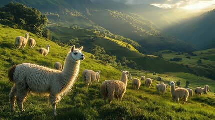Naklejka premium Furry alpacas grazing on a vibrant green hillside