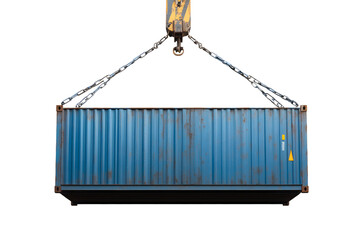 Blue shipping container being lifted by a crane, isolated on white background