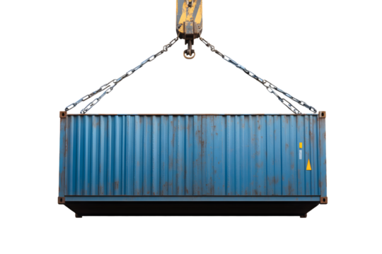 Blue shipping container being lifted by a crane, isolated on white background