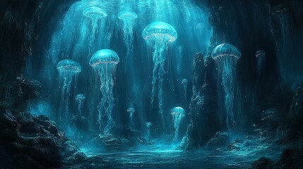 Ethereal glowing jellyfish swimming in a dreamlike ocean 