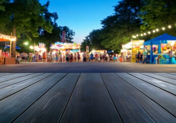 People enjoy evening funfair food & games, on wooden surface for product ad