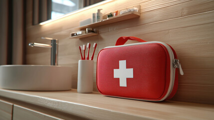 First Aid Kit on Wooden Bathroom Counter with Toothbrushes and Modern Sink in Contemporary Setting