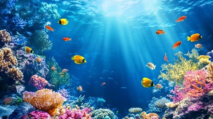 Naklejka premium Vibrant ocean life featuring a school of fish tropical coral reef and marine wildlife in the Red Sea Egypt