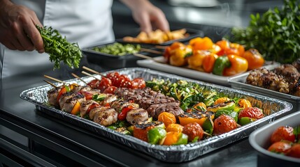 Vibrant skewer station showcasing a variety of grilled vegetables meats and other ingredients ready for outdoor dining barbecue or catering event  Plenty of copy space for text overlay