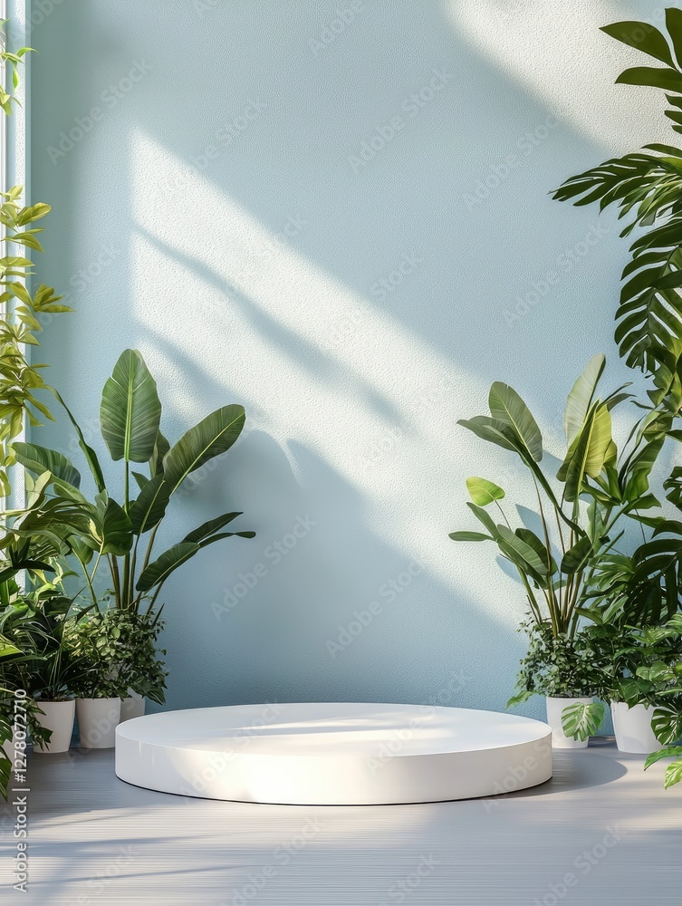 Aufkleber clean simple background and light blue walls with an empty white circular platform in the center, su