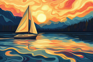 Fototapeta premium Colorful painted-style illustration of a sailboat gliding across a reflective lake at sunset, with swirling skies, vivid reflections, and mountain silhouettes creating a dramatic, artistic scene