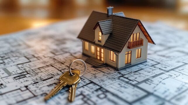 Miniature Model House on Blueprints with Key Ring Depicting Home Ownership and Real Estate Planning in a Professional Setting