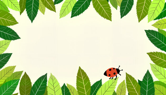 Playful border of green leaves and a ladybug on a soft background