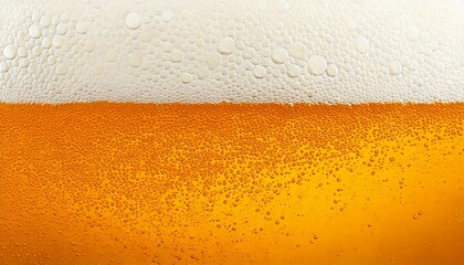 Bierschaum in Gro&szlig;aufnahme: wei&szlig;er Schaum und gelbe Fl&uuml;ssigkeit im Bier.