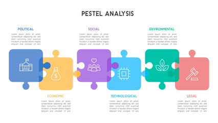 Horizontal PESTEL Analysis Infographic with Six Colorful Interlocking Puzzle Pieces