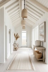 Minimalist Scandinavian hallway design featuring sleek white walls and contemporary decor for a fresh, airy feel.