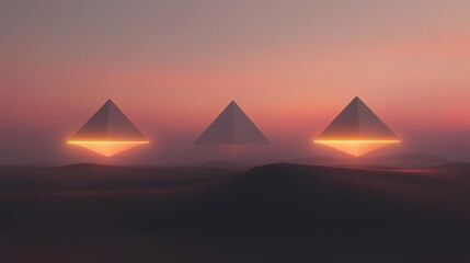 Three triangular shapes in a desert landscape. the sky is a gradient of orange and pink hues, with the sun setting in the background.