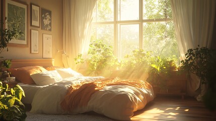 A sunlit bedroom with plants creates a peaceful and inviting atmosphere
