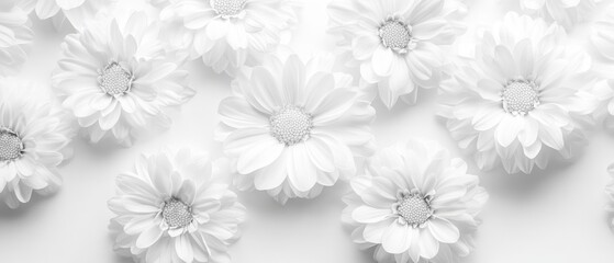 Monochrome floral arrangement featuring elegant white Chrysanthemum flowers on a bright background