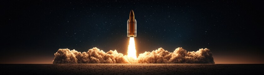 A powerful rocket launches into the night sky, emitting bright flames and smoke, symbolizing exploration and technological advancement.