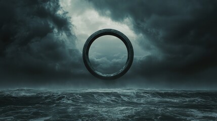 Digital art piece that appears to be a photograph of a stormy sea. the sky is filled with dark, ominous clouds that are covering the entire horizon.