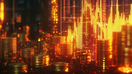 Fototapeta premium Financial success concept with stacks of gold bars, golden coins, and a glowing stock market graph.