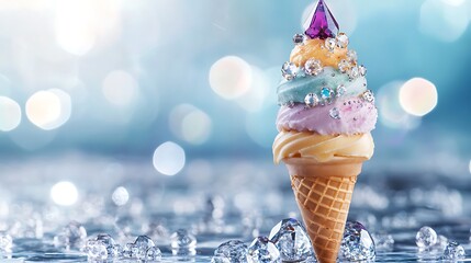 Ice cream cone balancing a stack of glittering gems