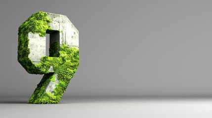 Concrete Number 9 Covered in Green Moss on Minimalist Gray Background