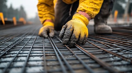 Industrial Worker in Yellow Gloves Laying Steel Rebar on Construction Site with Focus on Hand Detail and Iron Mesh Grid in Early Morning Light