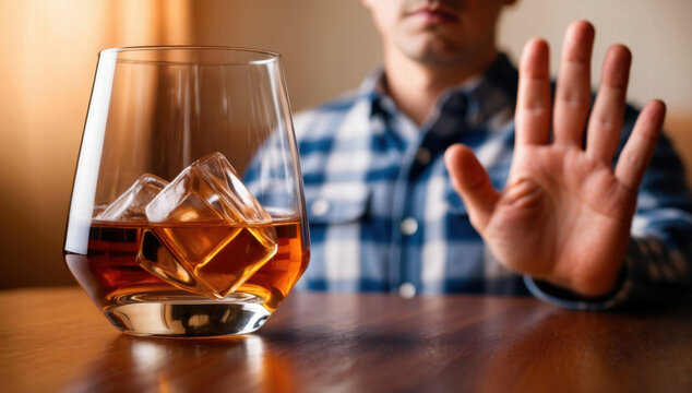 A symbolic image showcasing a person's hand rejecting a glass of whiskey on a table, emphasizing decision-making related to alcohol consumption and self-control in daily life