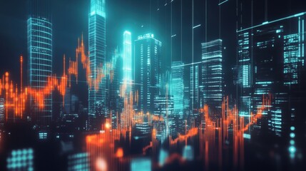 Fototapeta premium Futuristic skyscraper silhouettes with glowing stock market graphs overlay, symbolizing economic growth and finance.