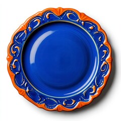 Elegant Blue and Orange Ceramic Plate with Ornate Design, Generative AI.