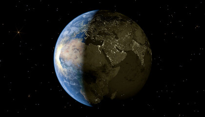 Earth from space with day and night, 3D rendering, global view, continents, oceans, stars, high resolution, realistic, world news image