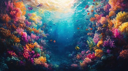 A high-angle view of a colorful coral reef teeming with marine life, vibrant and lively