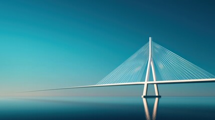 A modern suspension bridge spans a tranquil body of water.