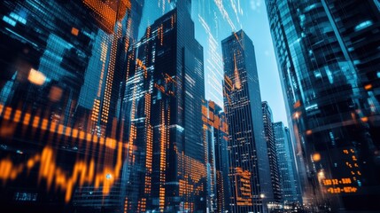 Fototapeta premium Global financial center with illuminated skyscrapers and dynamic stock trading data projections.