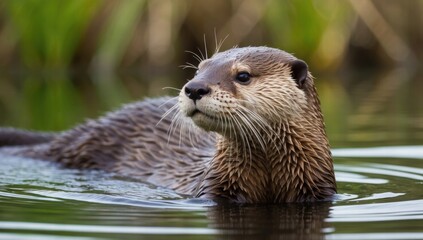 Obraz premium A curious otter with wet fur, swimming in a calm river with a gentle green backdrop, capturing the playful and endearing nature of this aquatic mammal in its natural habitat