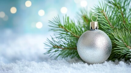 Silver Christmas ornament resting on snow-covered ground with pine branches and blurred light