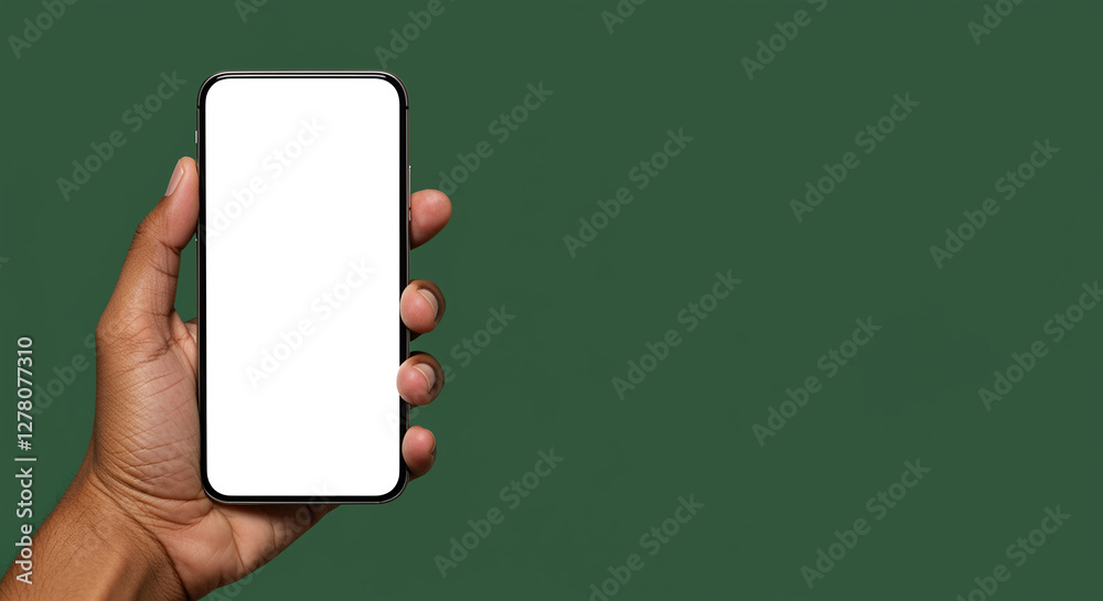 Poster smartphone in hand mockup with blank screen for app presentation. mobile device held by hand with em