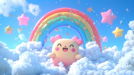 Cute cartoon character in clouds, rainbow background,  happy, whimsical.  Use  Children's book cover, social media graphic