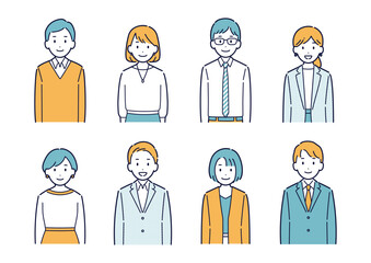 正面を向いて笑うビジネスパーソンのイラストセット