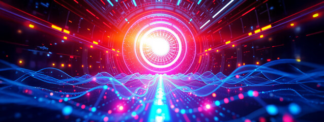 Obraz premium Graphic design background of tech scene or neon light blue beige tone. highlighting the process of integrating technology into traditional business models, Digital transformation strategy concept.