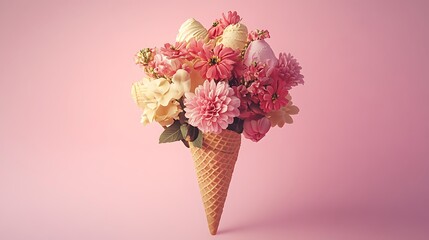Ice cream cone turning into a bouquet of flowers