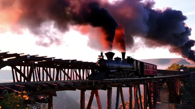 Steam Train Crossing Wooden Trestle Bridge at Sunset