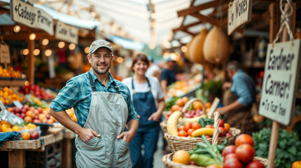 Obraz premium farmer's market, colorful produce in baskets, farmers in simple clothing smiling, wooden stalls, cheerful and lively mood